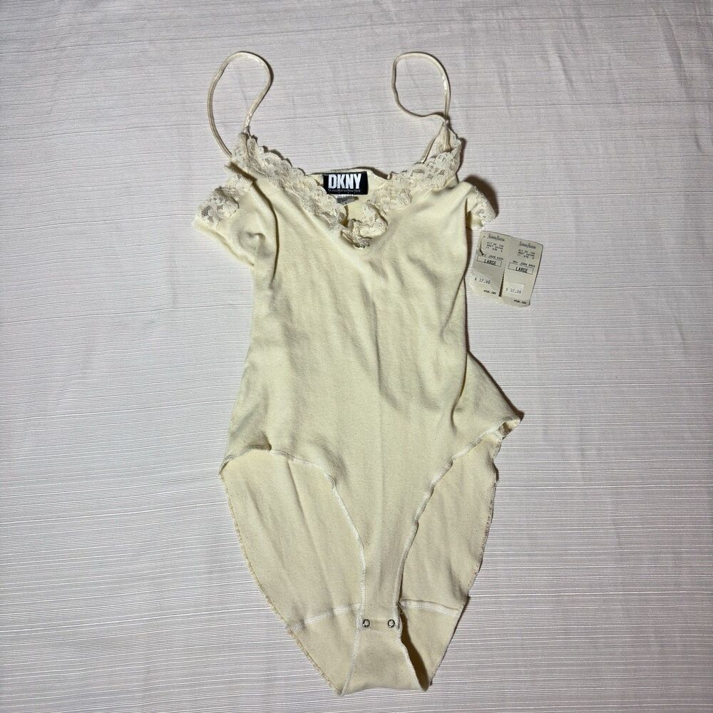 Vintage DKNY Ivory Lace-Trim Bodysuit | Size L | Made in Austria | NWT Old Stock